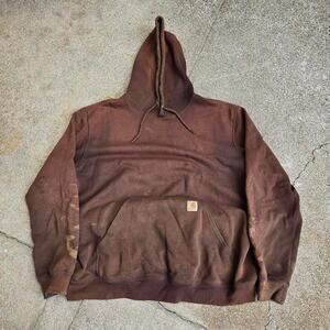 Vtg CARHARTT Box Logo Patch Earthtone Distressed Workwear Hooded Sweatshirt XL